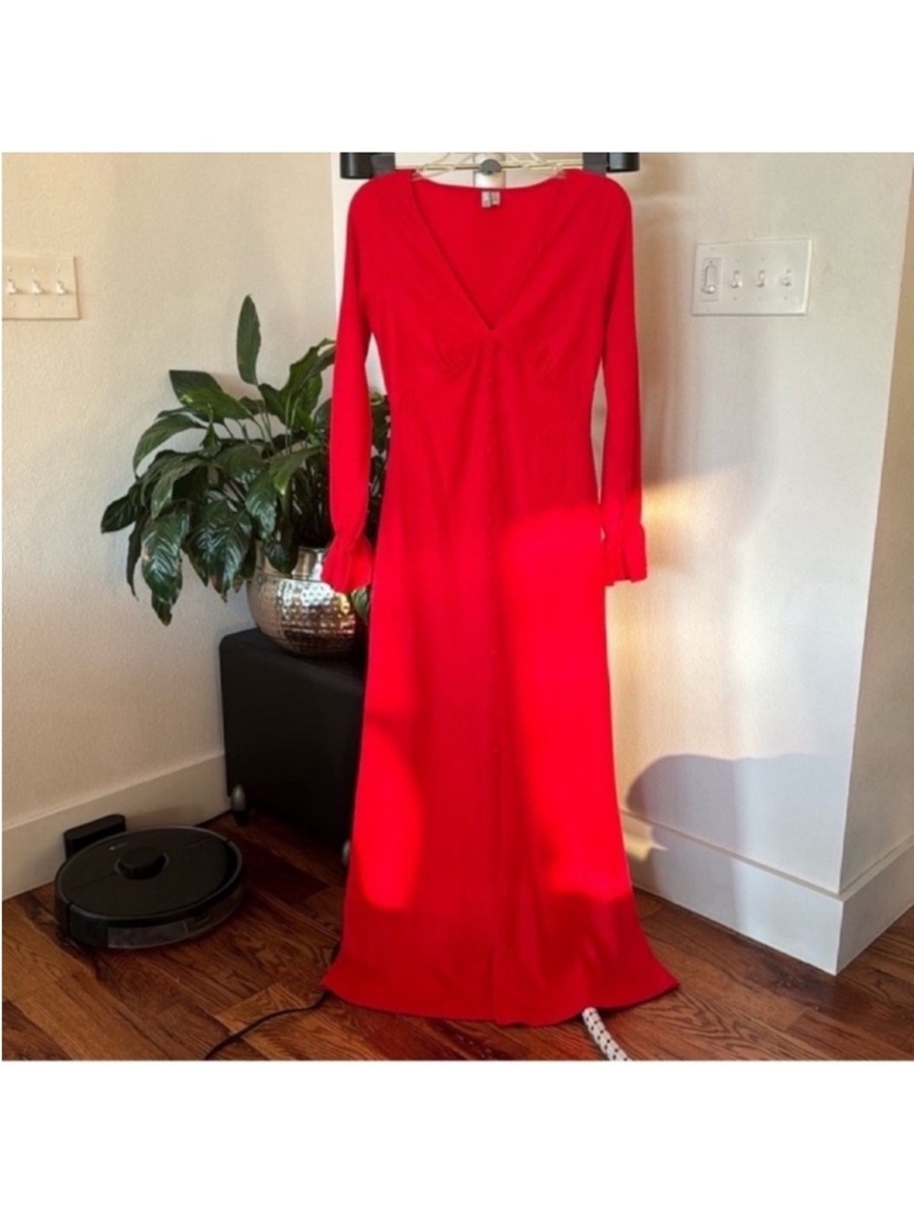 ASOS Red Maxi/Long Dress Sz 2/Xs/S V Neck Long Sleeve Front Slit